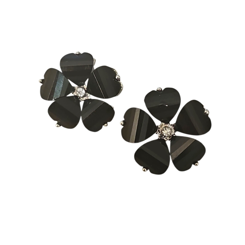 Black Flower Earrings with Crystal Center